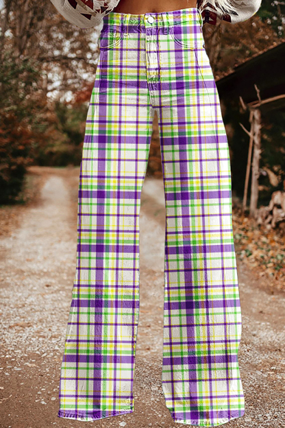Mardi Gras Plaid Wide-Leg Pants