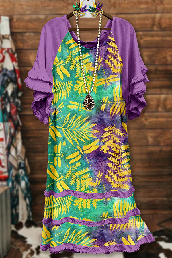 Mardi Gras Leaf Raglan Sleeve Dress