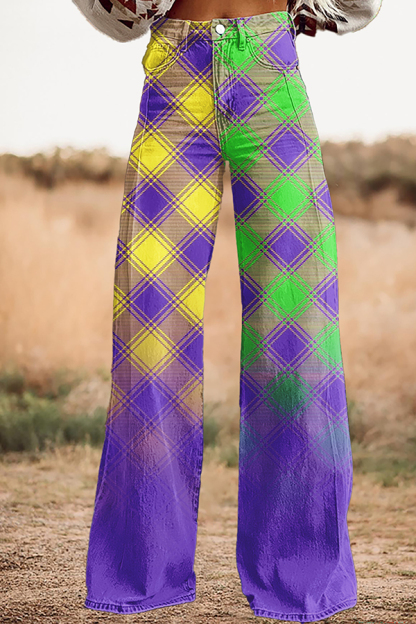 Mardi Gras Gradient Plaid Wide-leg Pants