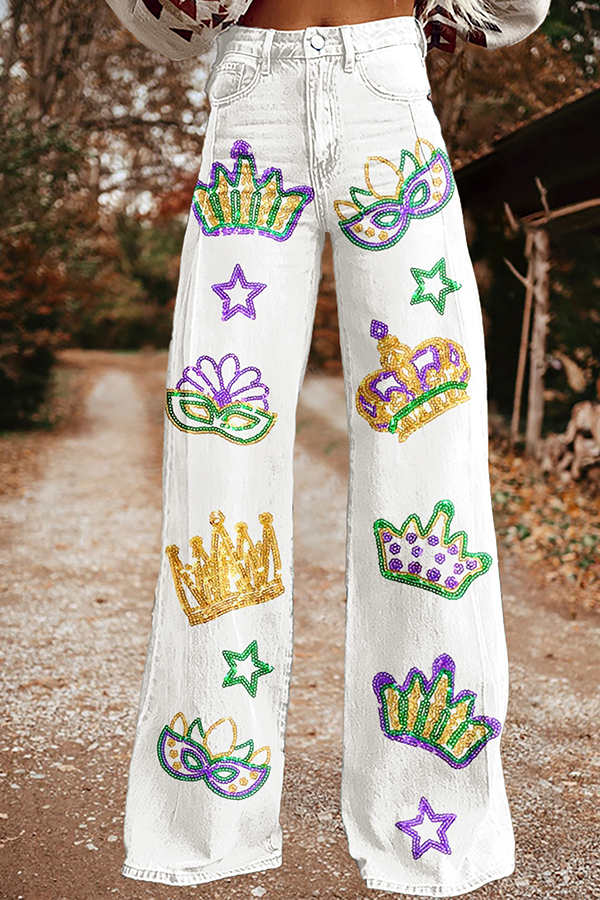 Mardi Gras Mask Wide-Leg Pants