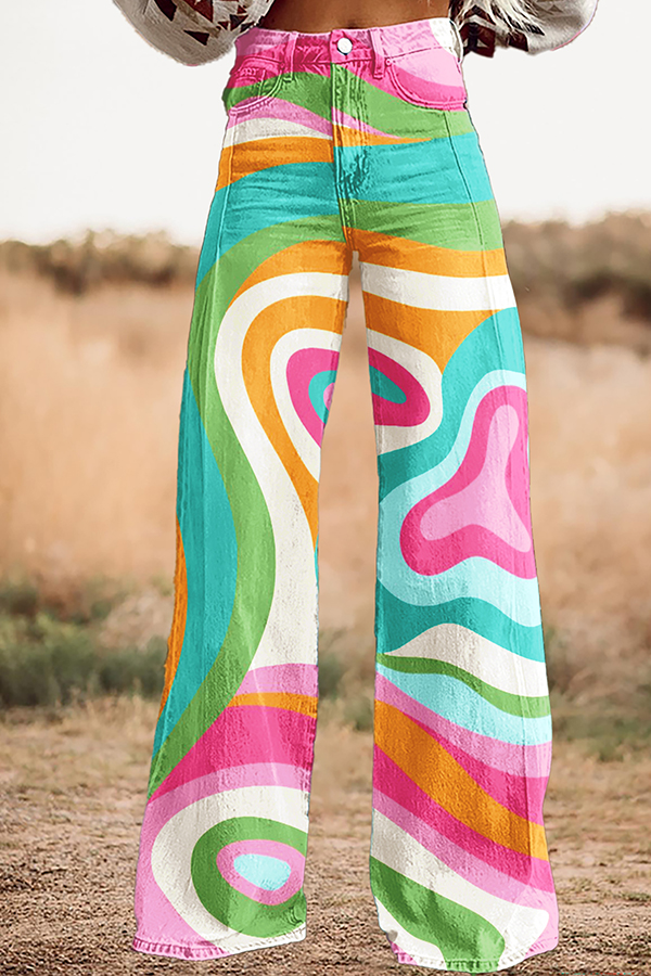 Fresh Abstract Color-Block Wide-Leg Pants