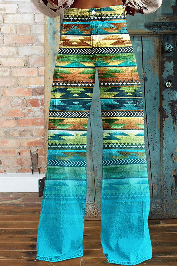 Western Aztec Print Wide-Leg Pants