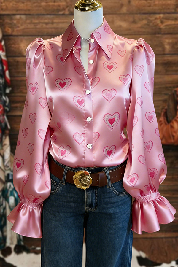 Valentine's Day Heart Puff-Sleeve Satin Blouse