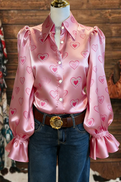 Valentine's Day Heart Puff-Sleeve Satin Blouse