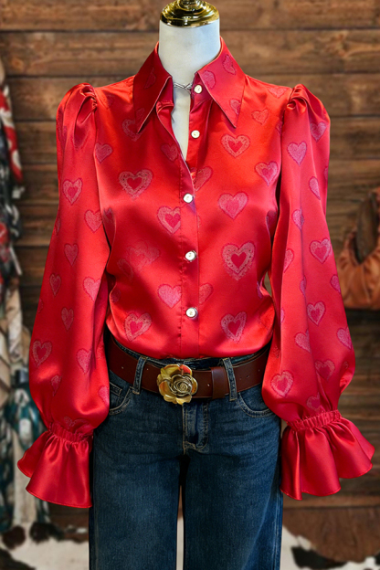 Valentine's Day Heart Puff-Sleeve Satin Blouse