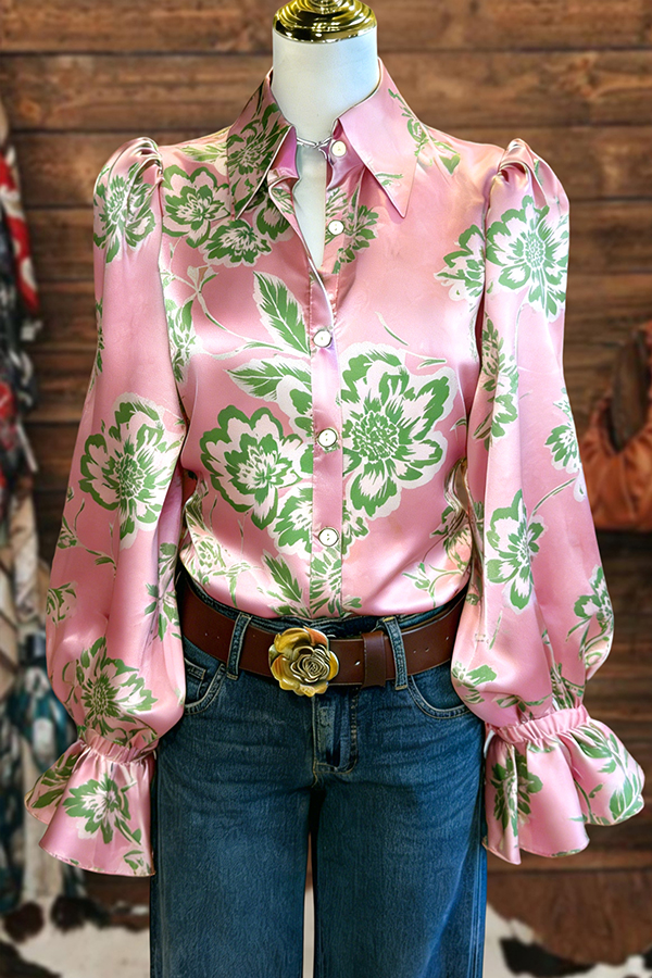 Fresh Floral Puff-Sleeve Satin Blouse