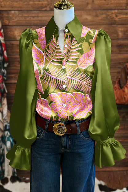 Vintage Leaf Puff-Sleeve Satin Blouse