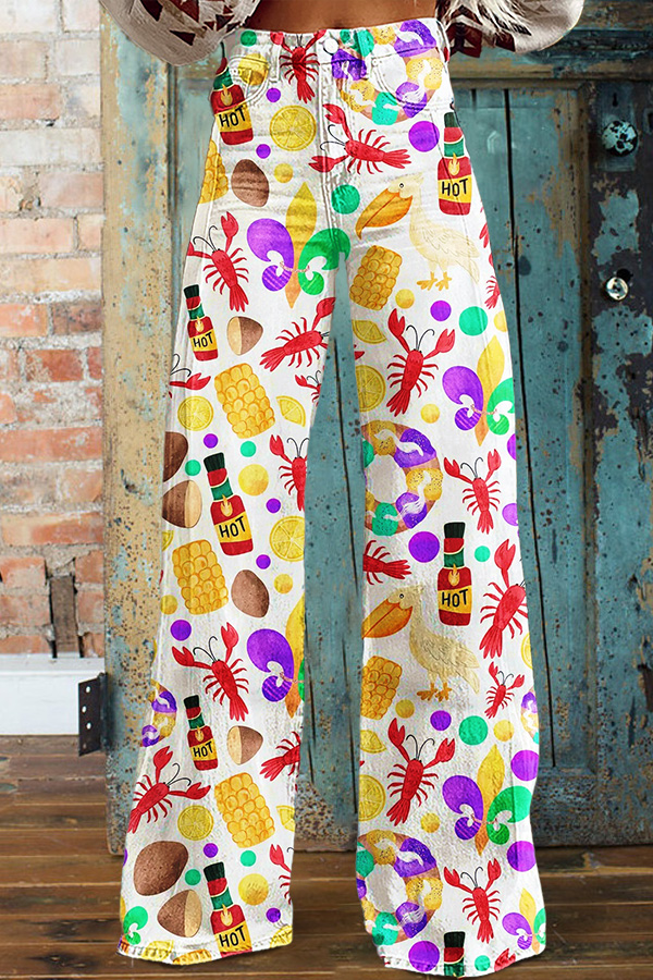 Cute Mardi Gras Crawfish Wide-Leg Pants