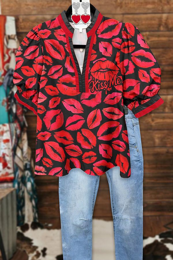Valentine's Day Lip Puff-Sleeve Blouses