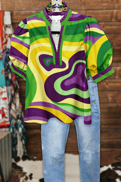 Mardi Gras Abstract Print Puff Sleeve Blouses