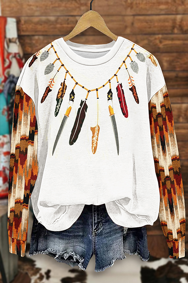 Casual Western Feather Print Sweatshirt
