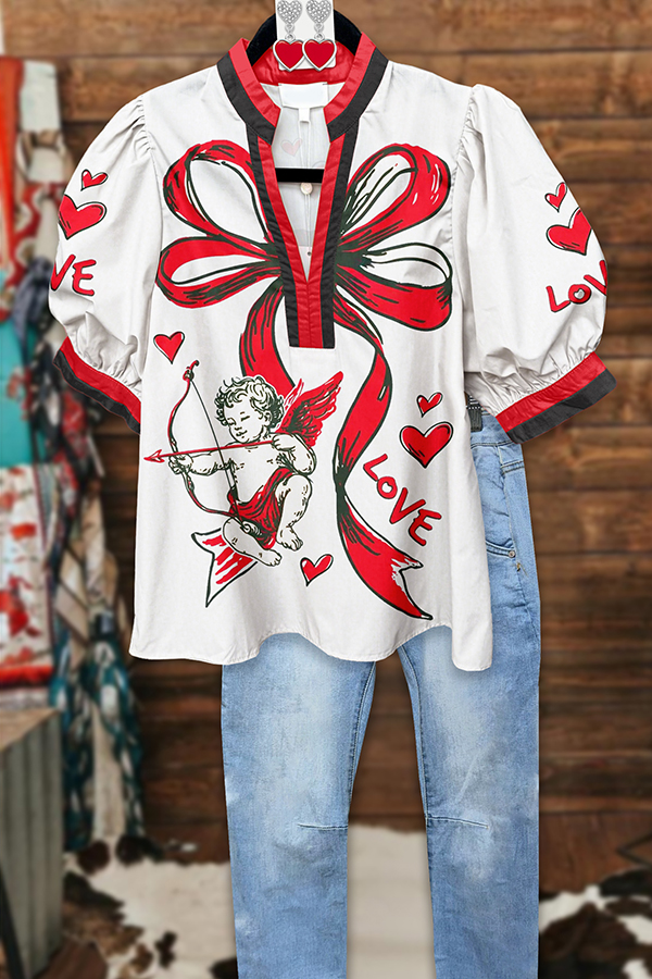 Cute Valentine's Day Puff Sleeve Blouses