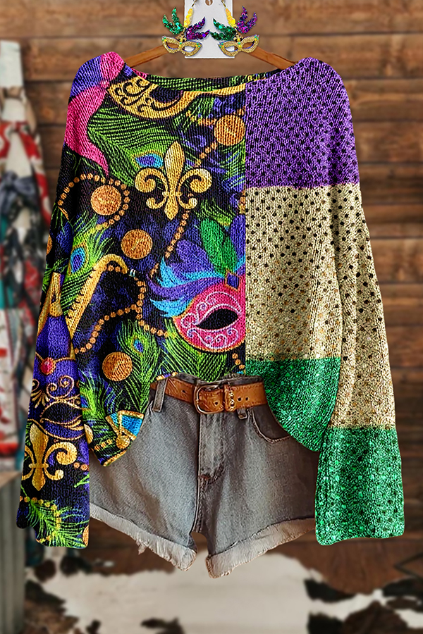 Mardi Gras Color Block Mask Sweater