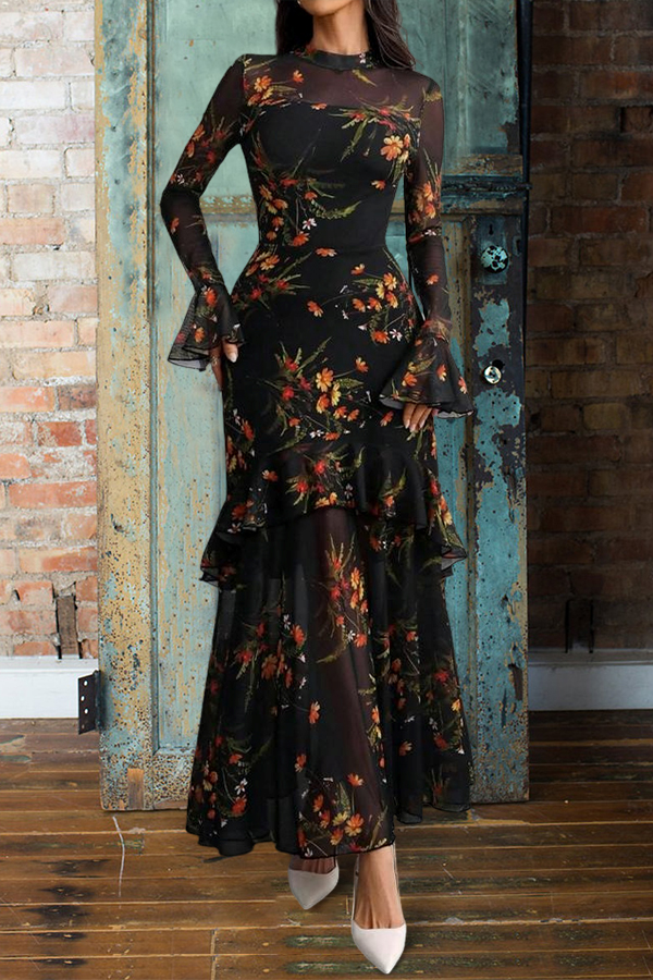 Elegant Floral Print Strapless Tulle Dress Two-Piece Set