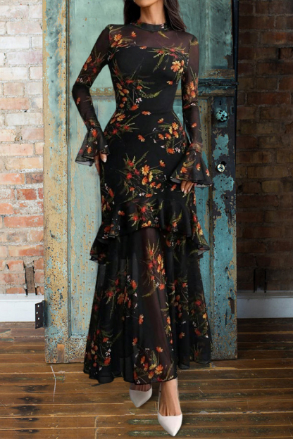 Elegant Floral Print Strapless Tulle Dress Two-Piece Set