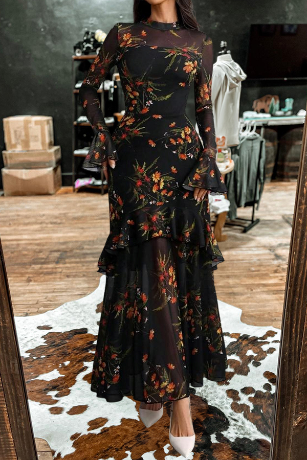 Elegant Floral Print Strapless Tulle Dress Two-Piece Set