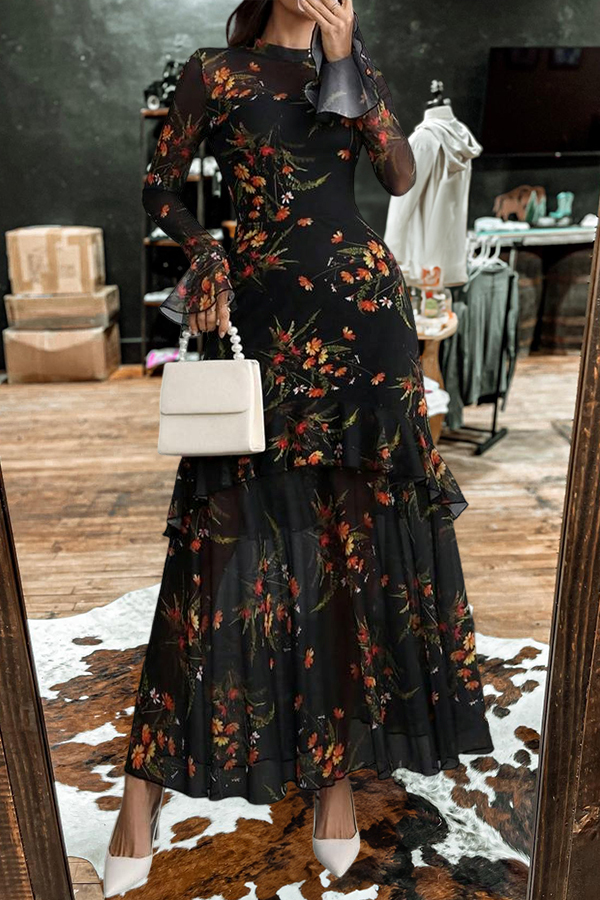 Elegant Floral Print Strapless Tulle Dress Two-Piece Set