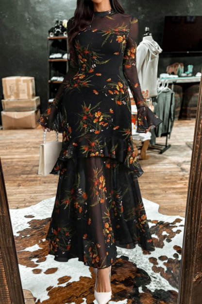 Elegant Floral Print Strapless Tulle Dress Two-Piece Set