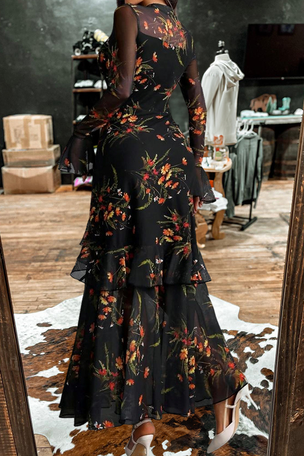 Elegant Floral Print Strapless Tulle Dress Two-Piece Set