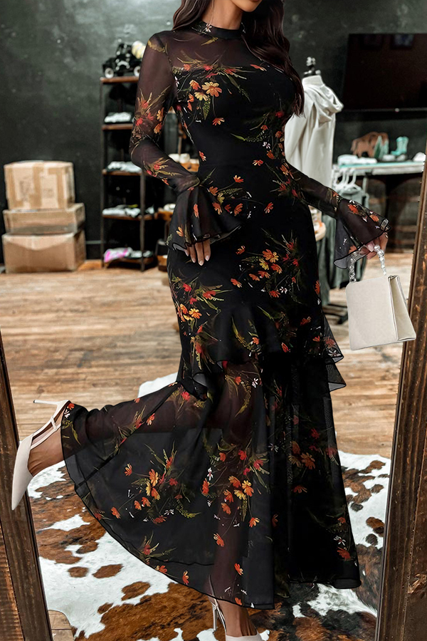 Elegant Floral Print Strapless Tulle Dress Two-Piece Set