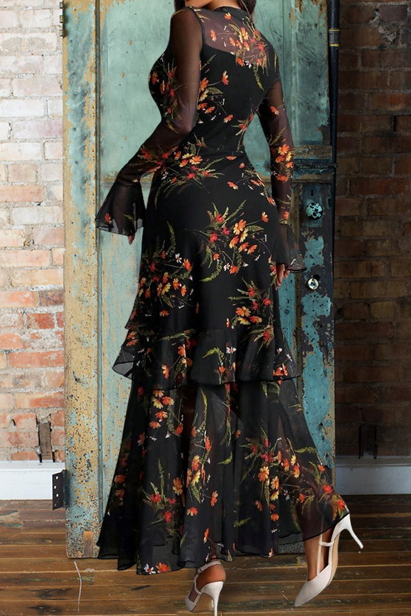 Elegant Floral Print Strapless Tulle Dress Two-Piece Set