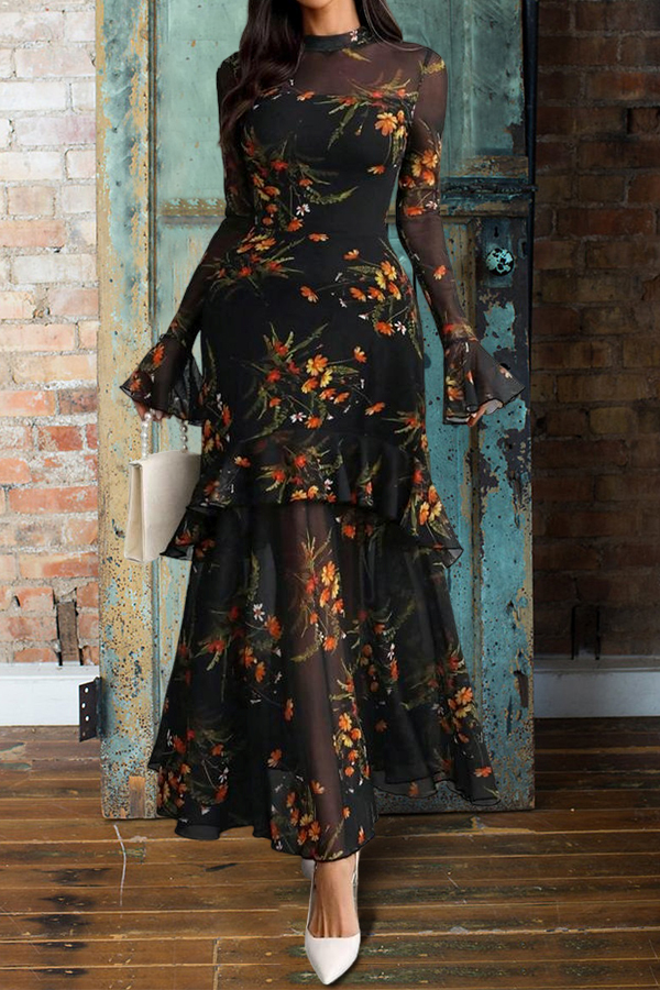 Elegant Floral Print Strapless Tulle Dress Two-Piece Set