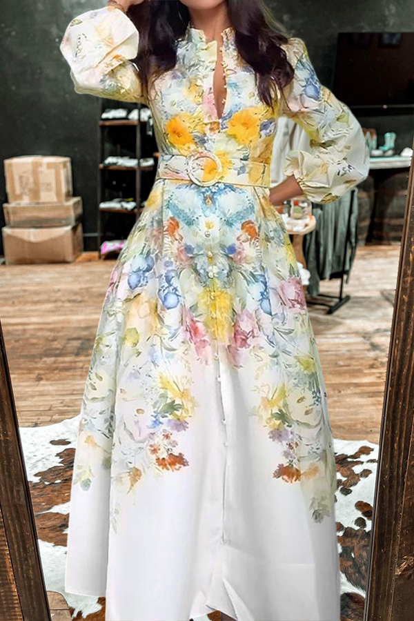 Elegant Floral Print Lantern Sleeve Dress