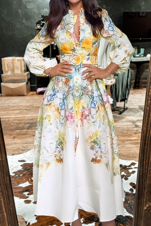 Elegant Floral Print Lantern Sleeve Dress