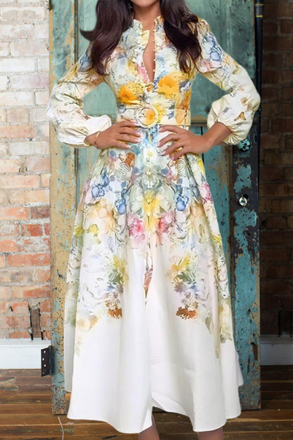 Elegant Floral Print Lantern Sleeve Dress