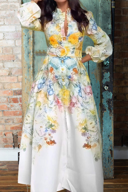 Elegant Floral Print Lantern Sleeve Dress