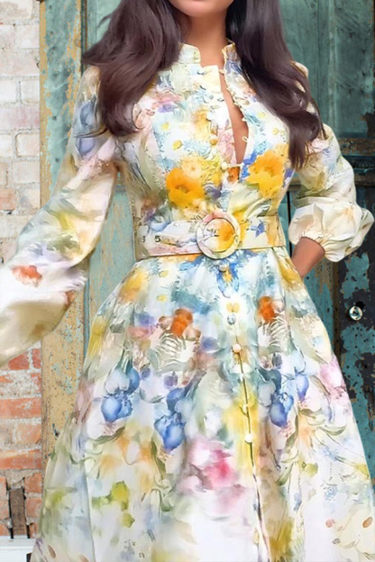 Elegant Floral Print Lantern Sleeve Dress