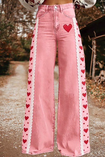 Sweet Valentine's Day Heart Wide-Leg Pants