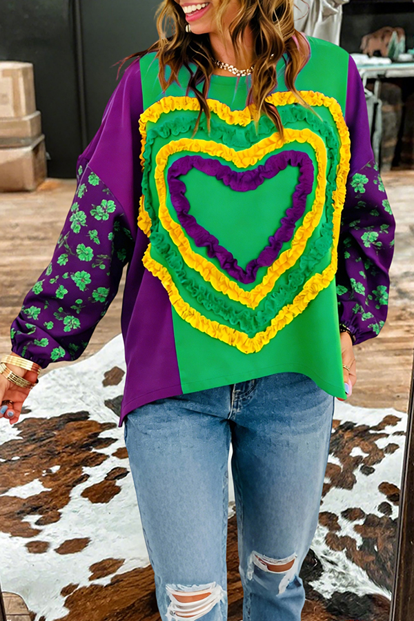 Mardi Gras Color Block Heart Lace Sweatshirt