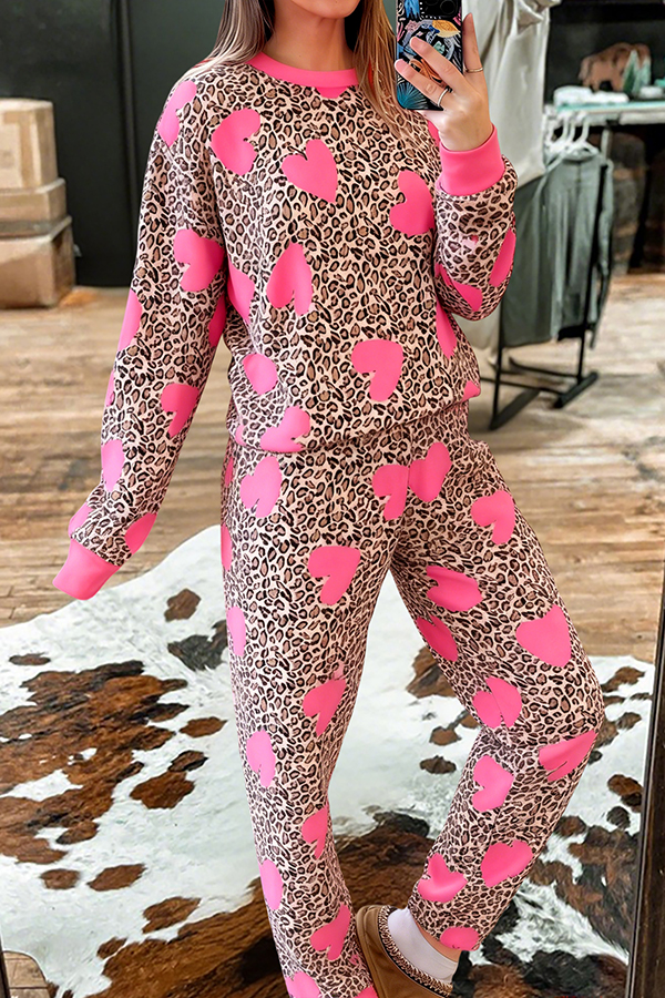 Valentine's Day Heart Leopard Print Top And Pants Two-Piece Set