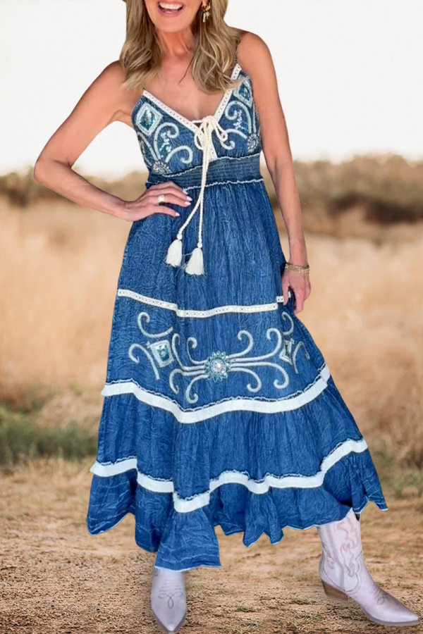 Vintage Denim Spaghetti Strap Maxi Dress