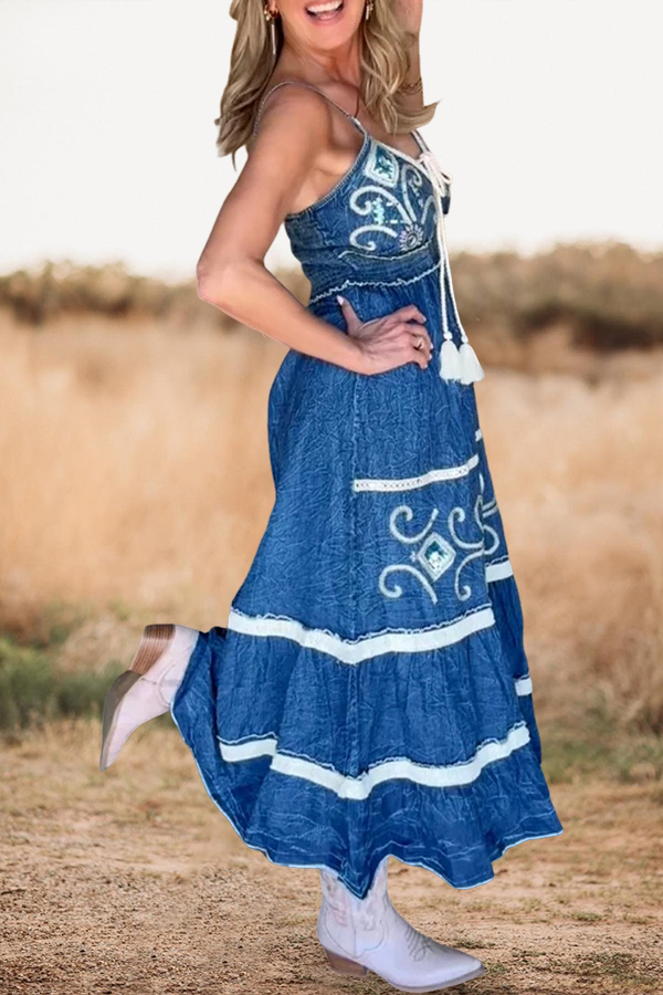 Vintage Denim Spaghetti Strap Maxi Dress