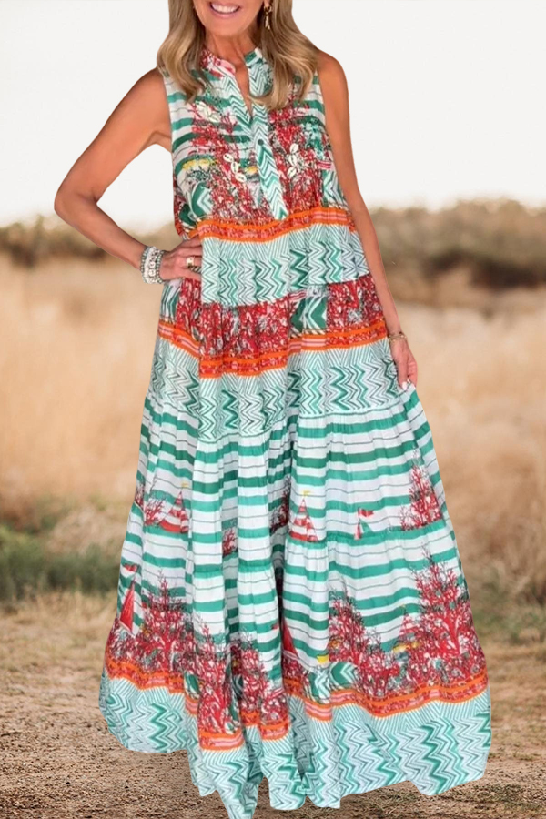Bohemian Stripe Abstract Print Sleeveless Maxi Dress