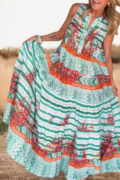 Bohemian Stripe Abstract Print Sleeveless Maxi Dress