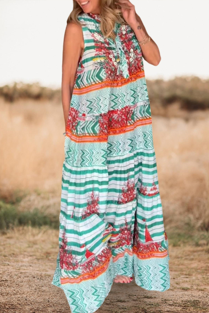 Bohemian Stripe Abstract Print Sleeveless Maxi Dress