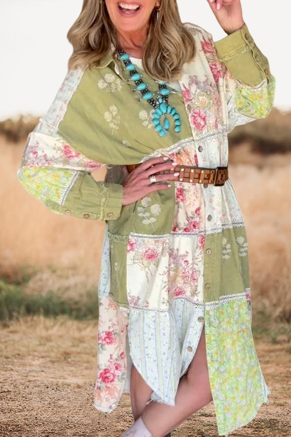 Fresh Floral Patchwork Print Midi Shirt Dress