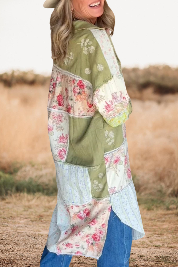 Fresh Floral Patchwork Print Midi Shirt Dress