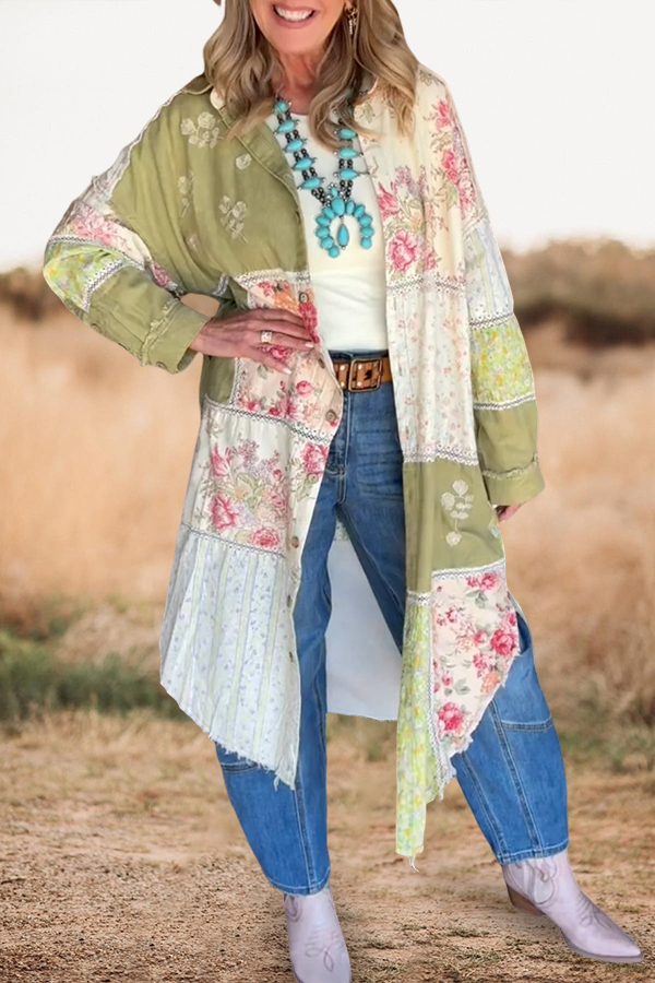 Fresh Floral Patchwork Print Midi Shirt Dress