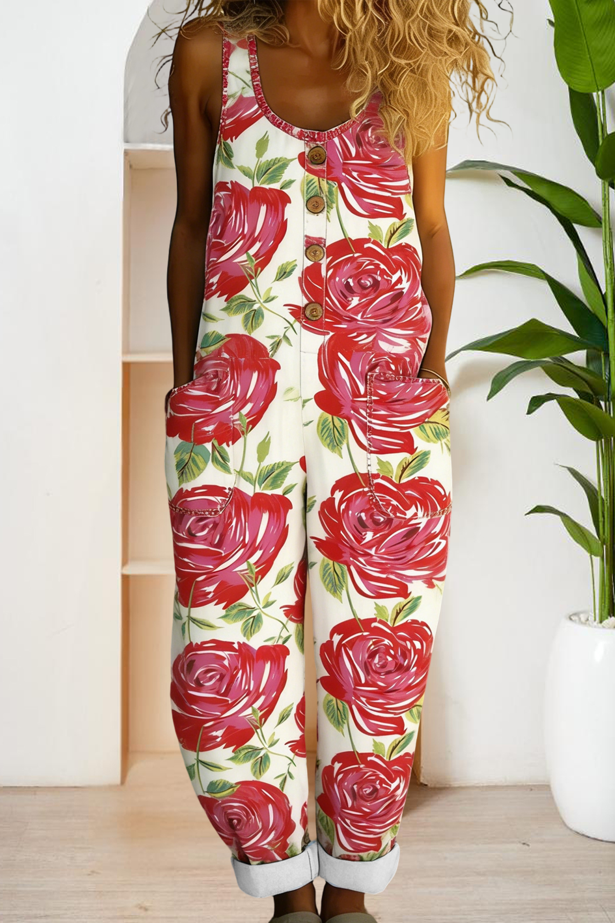 Classic Floral Sleeveless Washed Cotton Overalls