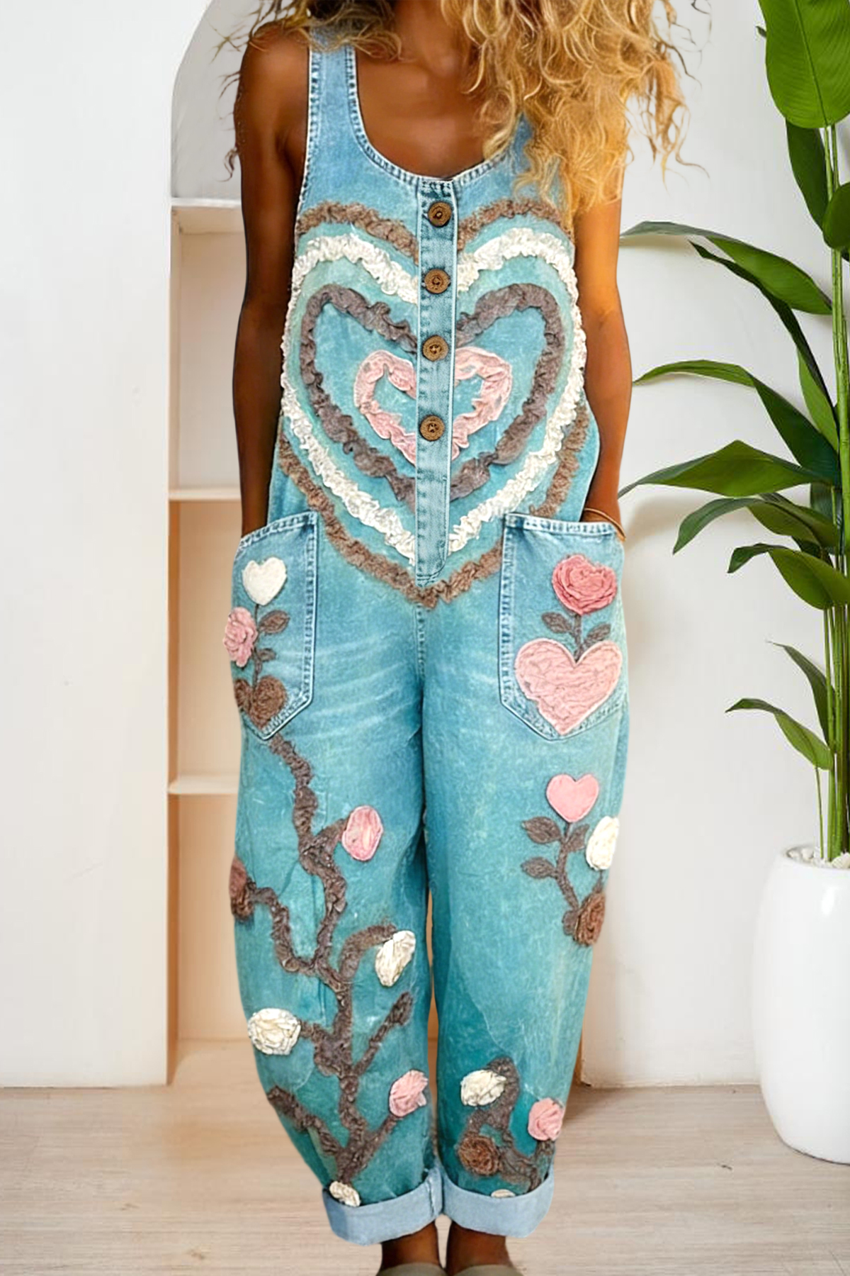 Fresh Heart Flower Sleeveless Washed Cotton Overalls