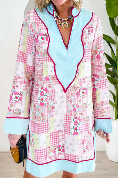 Sweet Floral Color Block V-neck Dress