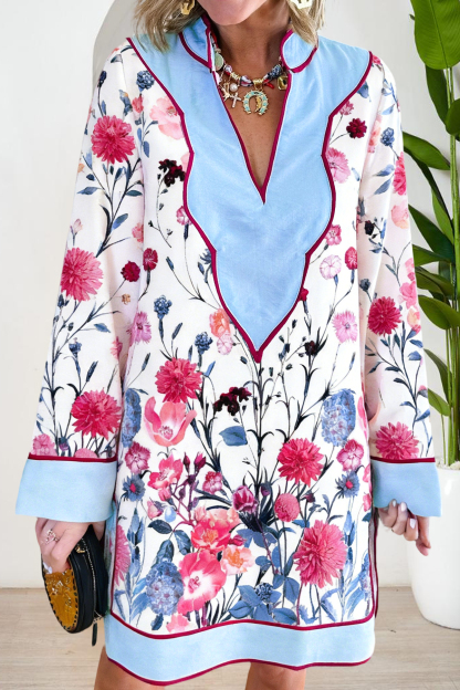 Classic Floral Print Color-block V-neck Dress
