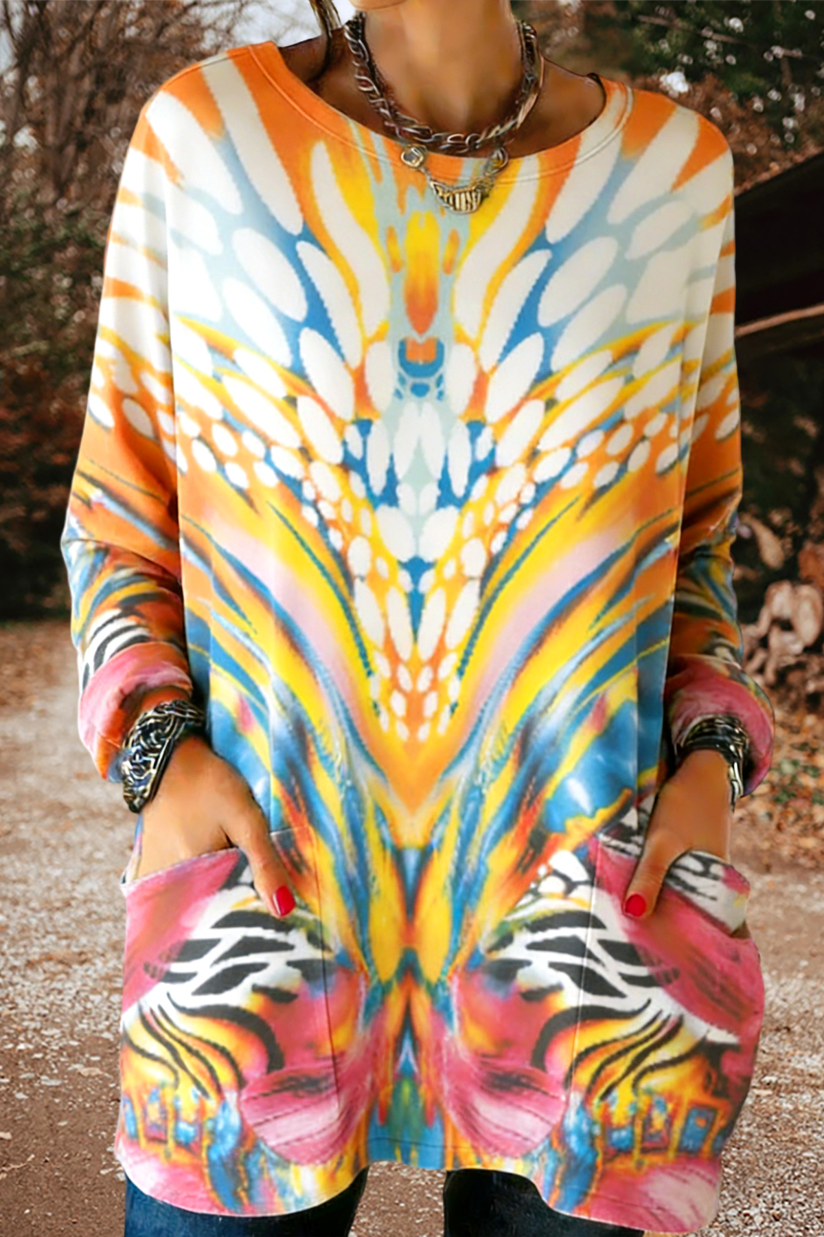 Unique Abstract Print Pocket Cotton T-shirt