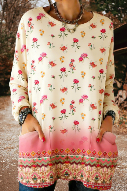 Vintage Floral Gradient Pocket Cotton T-shirt