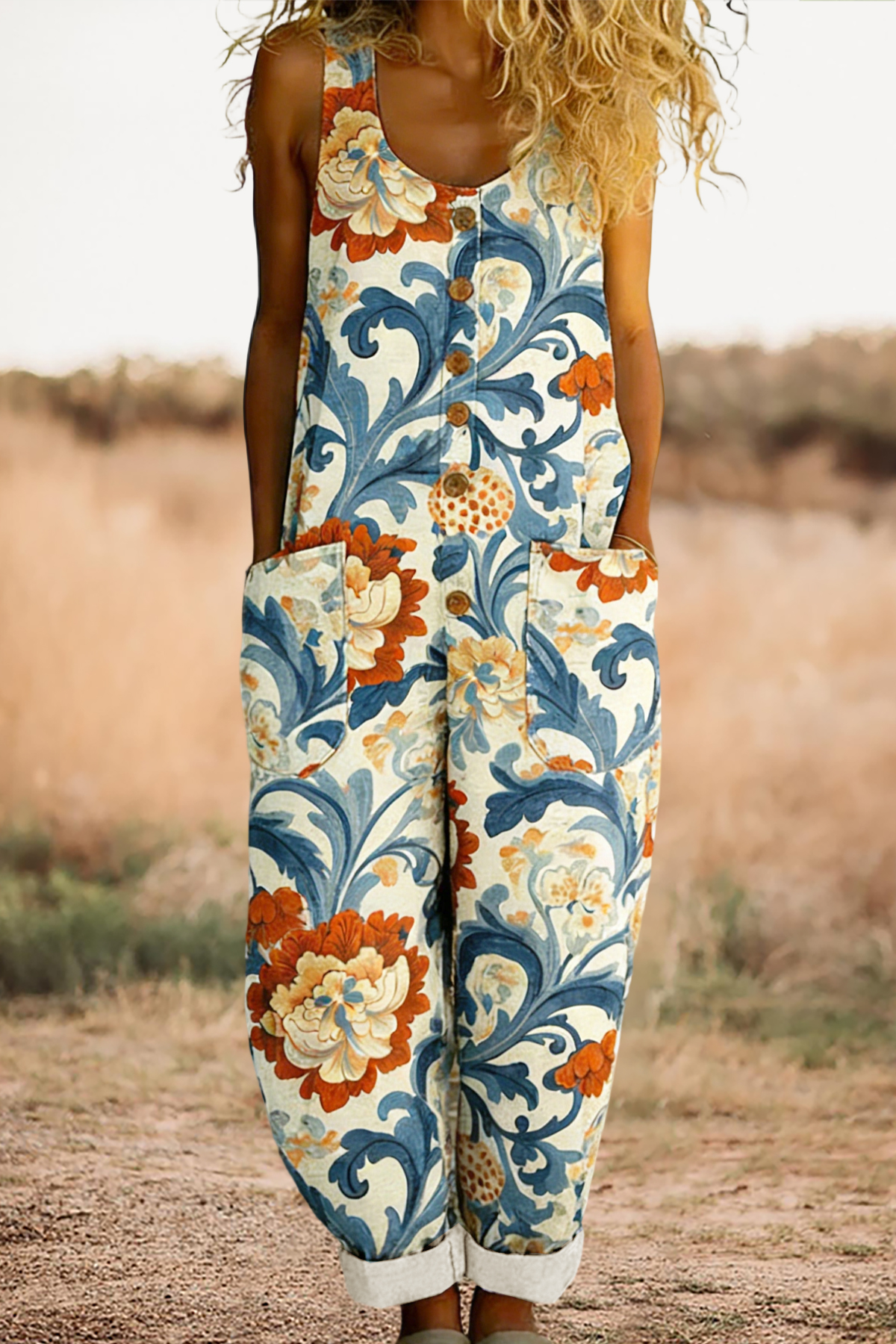 Vintage Floral Sleeveless Overalls