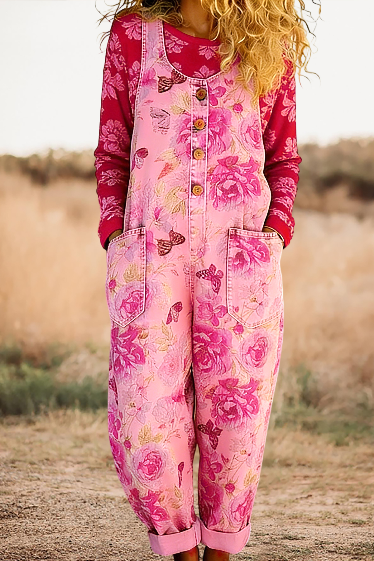 Sweet Floral Print Sleeveless Overalls